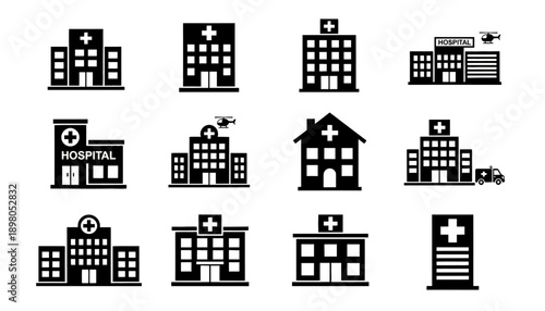 Various hospital buildings and medical facilities are shown in black icons on white