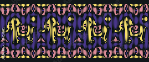 Seamless ethnic border pattern with stylized elephants and ornamental motifs. Decorative tribal ribbon inspired by folk art and vintage textile design.