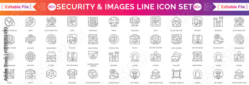Security and Images icon set. Containing secured payment, encryption, safety, insurance, data protection, detector, sensor, locked, password and cybersecurity, Includes thin line symbols photography, 
