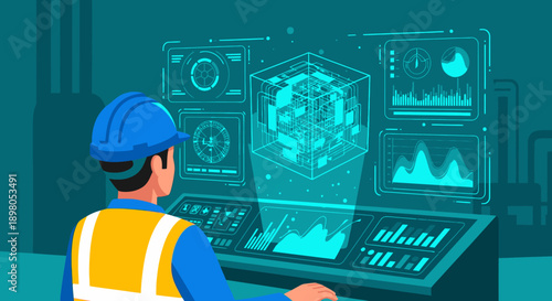 An engineer in a hard hat meticulously monitors complex holographic data and a 3D model on an advanced control panel, overseeing a smart industrial system.