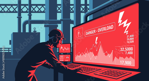 An industrial worker monitors critical systems on a large red screen displaying a "DANGER - OVERLOAD" warning, indicating a severe operational crisis in a factory environment.