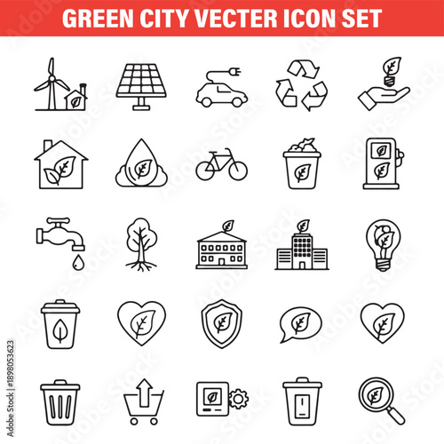 Green city vector icons, eco friendly urban symbols, sustainable city illustrations, environmental building icons, renewable energy cityscape, smart green city elements, eco urban design set

