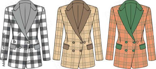 Plaid Double-Breasted Blazer Vector Illustration – Contrast Lapel Suit Jackets