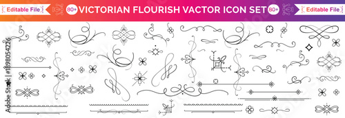 Set of vintage calligraphic design elements featuring ornamental Victorian frames floral borders and decorative retro dividers for classic page decoration