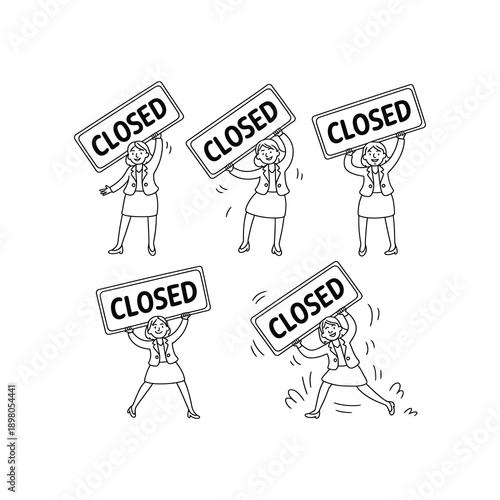 Business woman's carrying a large sign reading “CLOSED”.