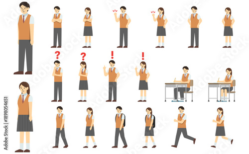 フラットイラスト：高校生セット(夏服)表情あり