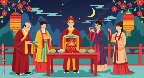Elegant East Asian cultural ceremony with traditional offerings and people gathered under festive lanterns at night, a detailed vector illustration
