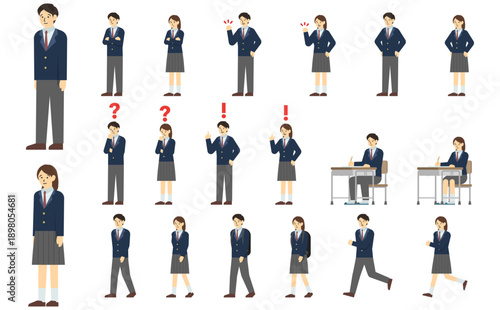 フラットイラスト：高校生セット(冬服)表情あり