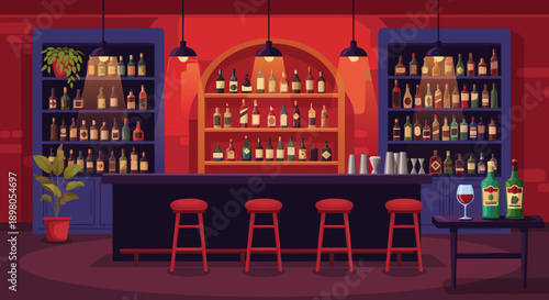 Vibrant vector illustration of a modern bar interior, featuring a fully stocked counter, red stools, and warm ambient lighting, perfect for a cozy pub scene
