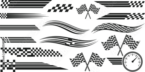 Collection of Black and White Racing Graphics Checkered Flags and Speed Lines Keywords: racing, checkered flag, speed lines