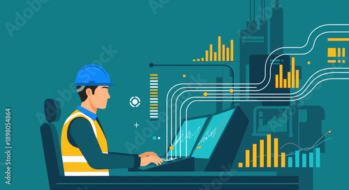 A dedicated engineer in a hard hat and safety vest meticulously analyzes complex data on dual monitors, optimizing industrial processes and technological innovation.