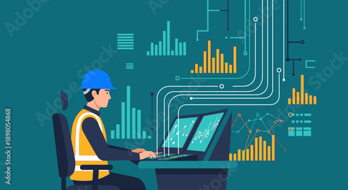 A professional engineer in a hard hat and safety vest intently analyzes complex data visualizations on multiple screens, representing modern industrial technology.