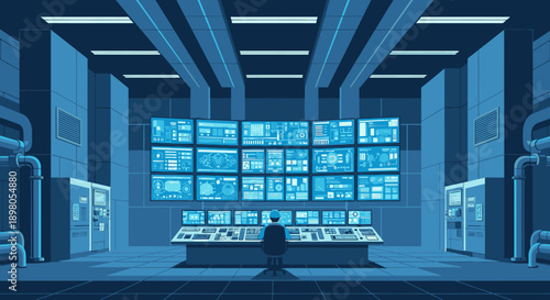 A lone operator meticulously monitors a vast array of glowing screens within a high-tech, secure data control center, managing complex digital operations.