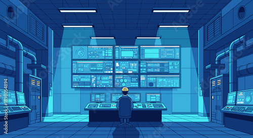 An engineer meticulously monitors complex data streams across multiple glowing blue screens within a futuristic, high-tech control room, overseeing critical operations.