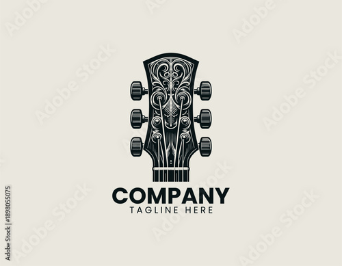 Guitar headstock logo with detailed tuning pegs in clean modern vector illustration style