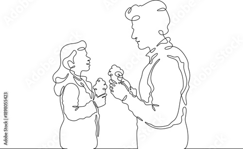 Continuous single line drawing family eats on the street. People eat fast food. Weekend.Parents.Offspring.Linear.One continuous line isolated minimalist illustration. Not AI.