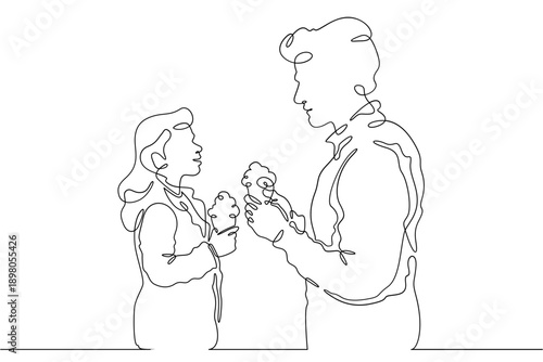 Continuous single line drawing family eats on the street. People eat fast food. Weekend.Parents.Offspring.Linear.One continuous line isolated minimalist illustration. Not AI.