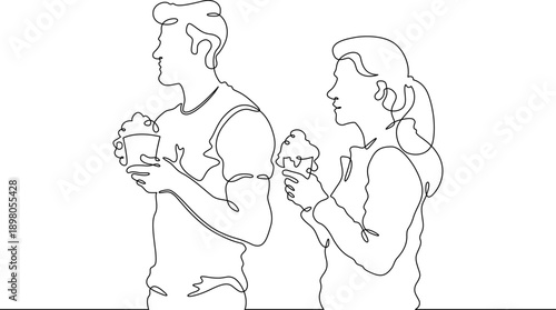 Continuous single line drawing family eats on the street. People eat fast food. Weekend.Parents.Offspring.Linear.One continuous line isolated minimalist illustration. Not AI.