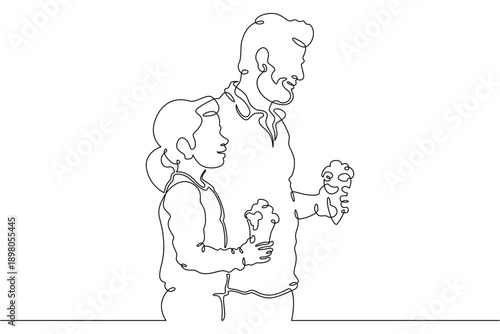 Continuous single line drawing family eats on the street. People eat fast food. Weekend.Parents.Offspring.Linear.One continuous line isolated minimalist illustration. Not AI.