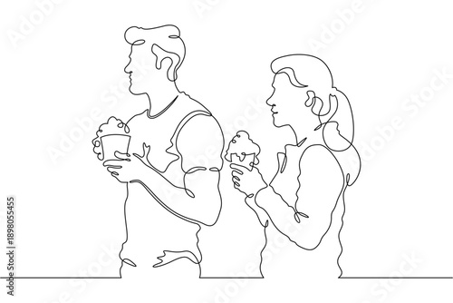 Continuous single line drawing family eats on the street. People eat fast food. Weekend.Parents.Offspring.Linear.One continuous line isolated minimalist illustration. Not AI.