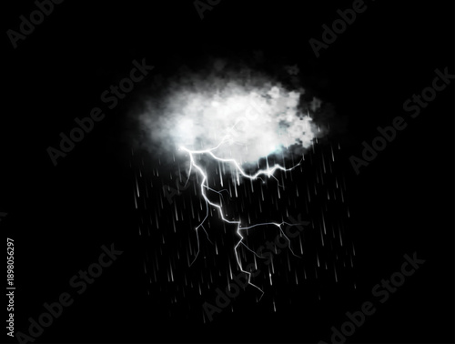 Dramatic Lightning Strike with Rain and White Cloud Isolated on Black Background Vector Illustration.