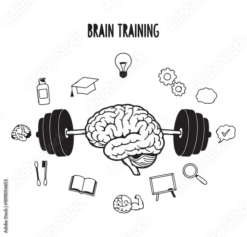 brain training vector illustration, mental fitness concept icons, cognitive skill graphics, brain workout design elements, intelligence development symbols, psychology learning icons, mind exercise pa