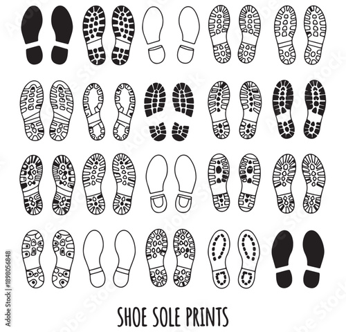 shoe print vector icons, footprint silhouette collection, footwear sole patterns, walking step symbols, trail footprint graphics, shoe sole texture icons, movement design pack


