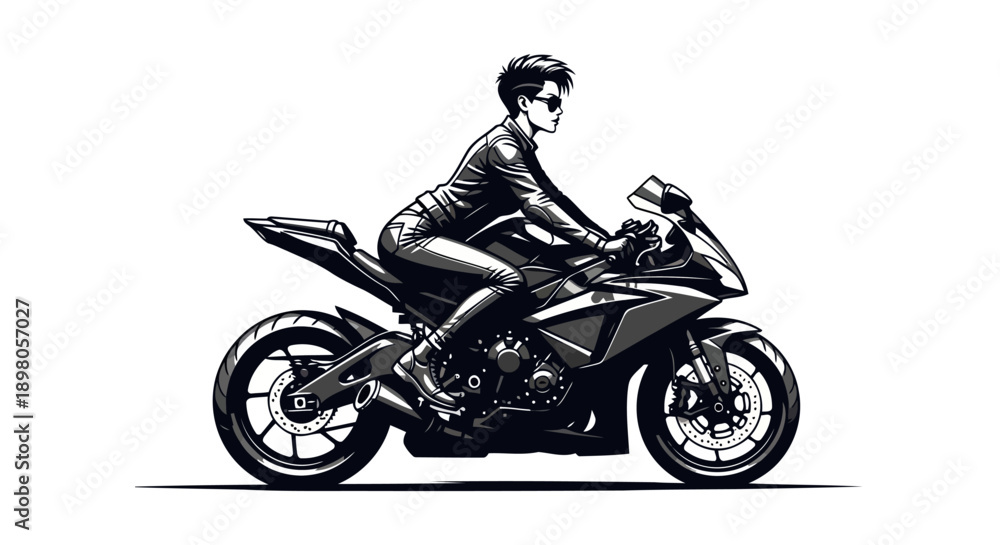 Obraz premium A woman riding a sleek motorcycle with a black leather jacket
