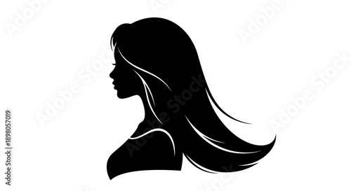 A black silhouette of a woman with long hair on a white background