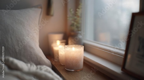 Close-up of a window sill with a few candles on it. on the left side of the sill, there is a beige pillow with a white blanket draped over it.