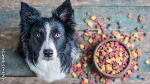 Black and white dog looks at food bowl with colorful dog treats on the floor