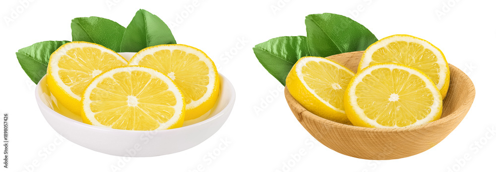 Fototapeta premium Ripe lemon slices in ceramic and wooden bowl isolated on white background with full depth of field.