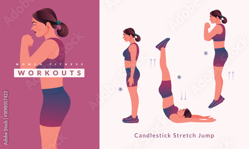 Candlestick Stretch Jump exercise, Woman workout fitness, aerobic and exercises	