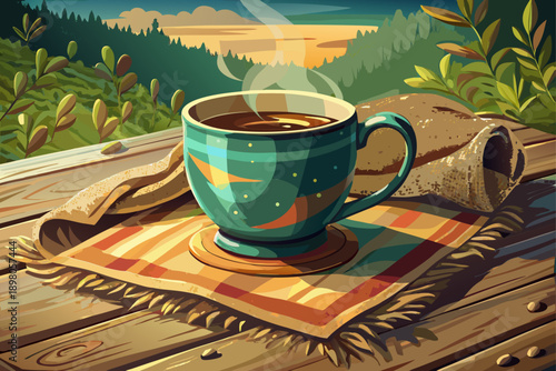 Rustic ceramic cup filled with coffee or tea on burlap coaster resting on weathered wooden table warm cozy morning atmosphere natural light lifestyle scene