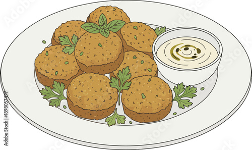 Crispy Falafel Plate with Creamy Dip – Middle Eastern Food Illustration