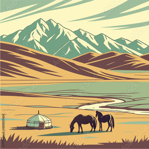 “Pastoral Mountain Valley with Horses and Yurt”