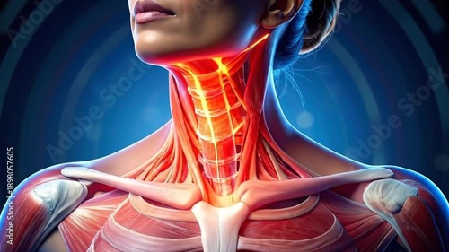 Anatomical illustration of a woman's upper body, highlighting the muscles and skeletal structure.