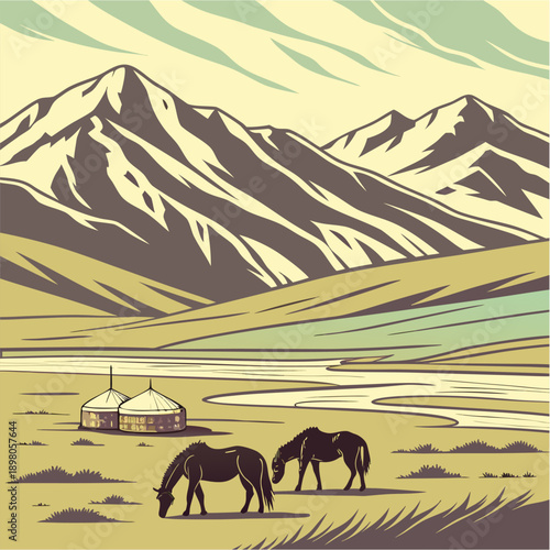“Mountain Valley Landscape with Horses and Yurts”