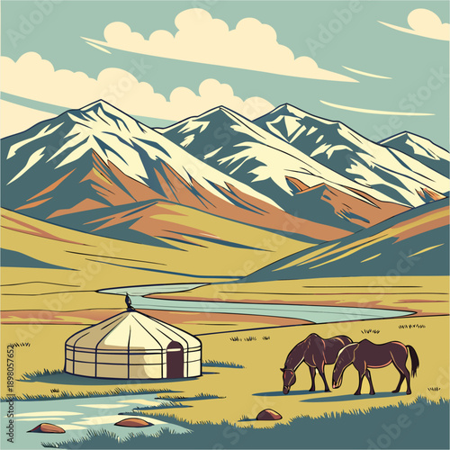 “Mountain Landscape with Horses, Yurt and Stream”