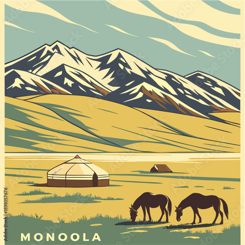 “Pastoral Landscape with Horses, Yurt and Mountains”