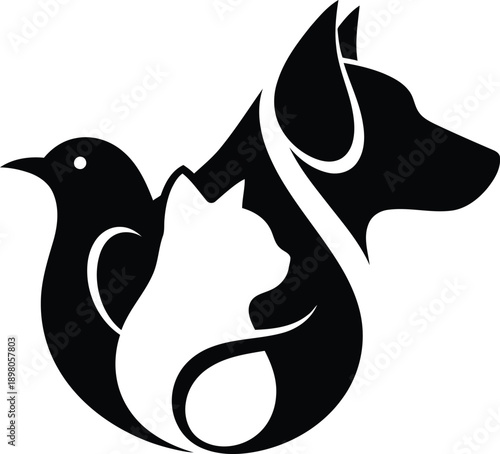 Minimalist black and white vector logo featuring stylized silhouettes of a dog, cat, and bird creatively merged into a single animal welfare icon.