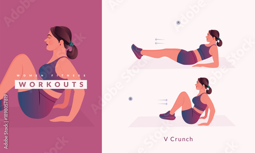 V Crunch exercise, Woman workout fitness, aerobic and exercises	
