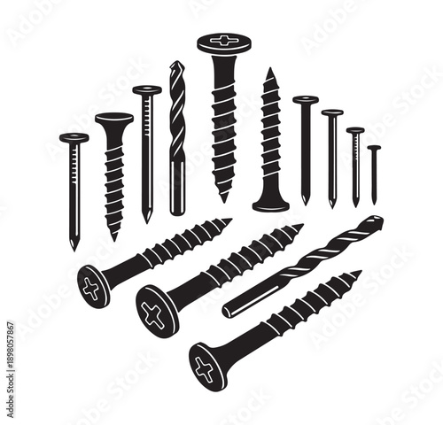 screw bolt vector icons, metal fastener illustrations, hardware fixing symbols, industrial screw collection, construction fastener pack, mechanical bolt graphics, tool component set

