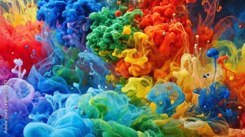 Vibrant explosion of colorful ink mixing and swirling together, creating an abstract background.