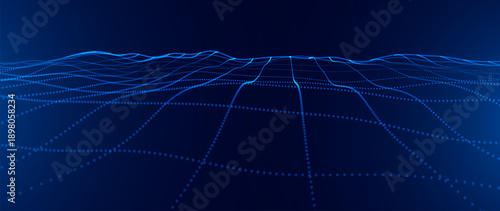 Abstract Technology Wave Grid Background With Glowing Blue Lines. Futuristic Digital Data Flow And Network Landscape. Modern BG Design. Vector Illustration