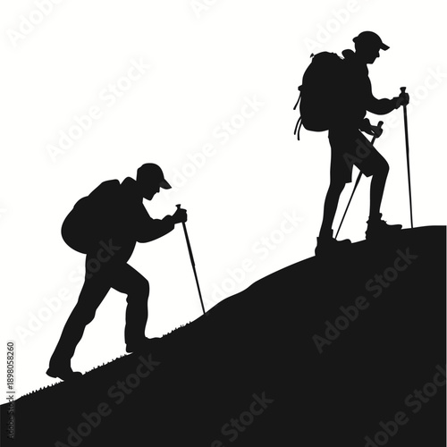 “Silhouette Hikers Trekking Uphill Mountain Trail”