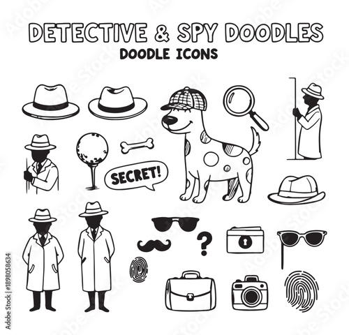 detective spy doodle icons, investigation hand drawn symbols, secret agent illustrations, crime solving graphics, mystery detective pack, espionage sketch elements, spy icon set


