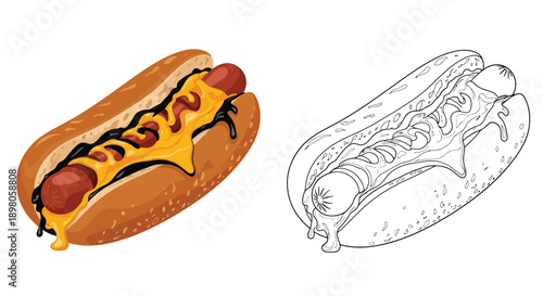 A colorful hotdog with cheese and a black and white sketch version