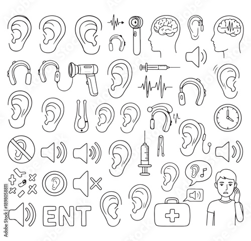 ear hearing vector icons, sound perception illustrations, listening symbol collection, audio sense graphics, human ear outline set, hearing care icons, sound awareness pack

