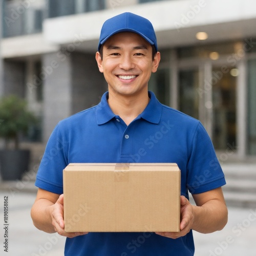 段ボール箱を持つ配送スタッフのポートレート/Delivery man holding cardboard box portrait